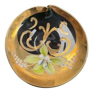 Vintage Murano Glass Ashtray Hand Painted Gold & Floral Design Made in Italy
